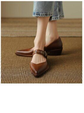 YDN Brown Pointed Closed Toe Mary Jane Chunky Heels Loafers Hollow Buckle Pumps